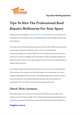 Tips To Hire The Professional Roof Repairs Melbourne For Your Space