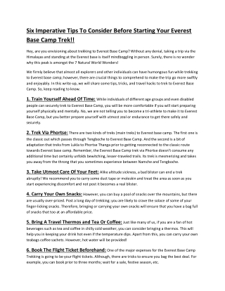 Six Imperative Tips To Consider Before Starting Your Everest Base Camp Trek