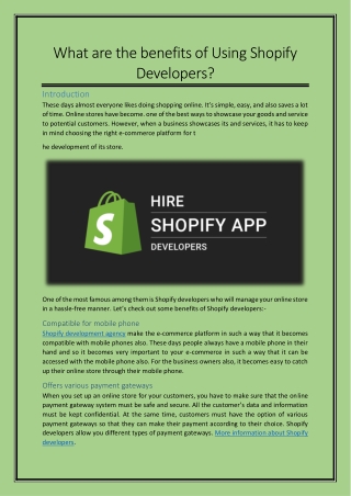 What are the benefits of Using Shopify Developers