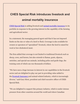 CHES Special Risk introduces livestock and animal mortality insurance