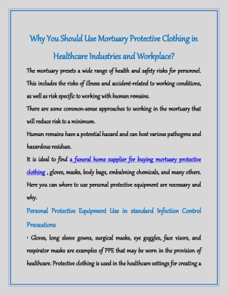 Why You Should Use Mortuary Protective Clothing in Healthcare Industries and Workplace