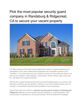 Pick the most popular security guard company in Randsburg & Ridgecrest, CA to secure your vacant property