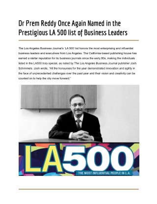 Dr Prem Reddy Once Again Named in the Prestigious LA 500 list