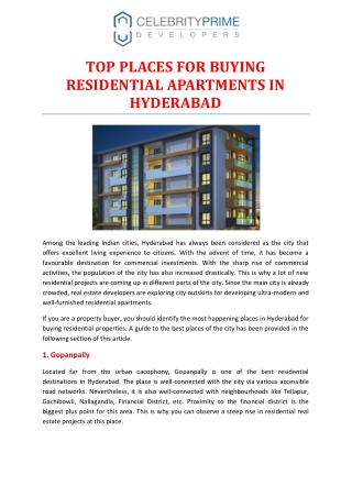 TOP PLACES FOR BUYING RESIDENTIAL APARTMENTS IN HYDERABAD