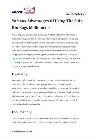 Various Advantages Of Using The Skip Bin Bags Melbourne