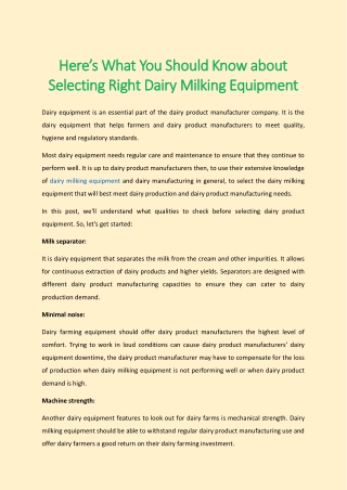 Here’s What You Should Know About Selecting Right Dairy Milking Equipment