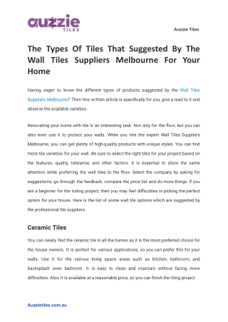 The Types Of Tiles That Suggested By The Wall Tiles Suppliers Melbourne For Your Home