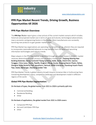 PPR Pipe Market Progression Status, Revenue Expectation to 2026
