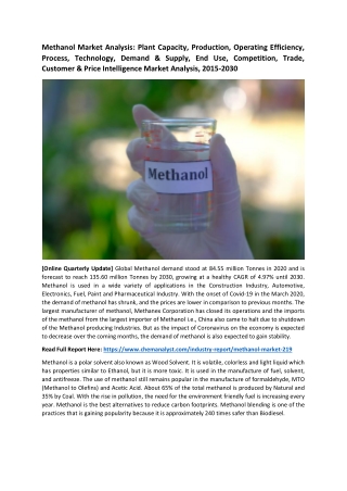 Methanol Market is Expected to Grow at a CAGR of 4.97% by 2030