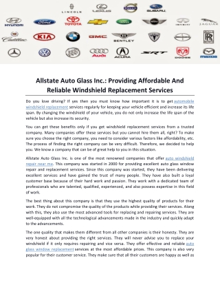 Allstate Auto Glass Inc- Providing Affordable And Reliable Windshield Replacement Services