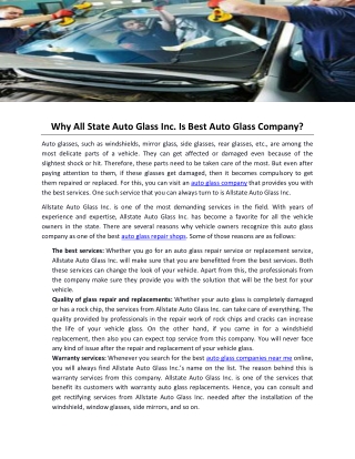 Why All State Auto Glass Inc. Is Best Auto Glass Company