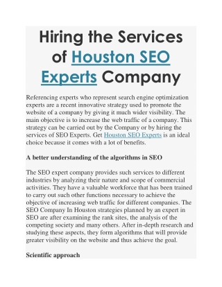 Hiring the Services of Houston SEO Experts Company