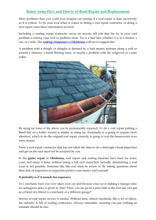 Know some Do’s and Don'ts of Roof Repair and Replacement