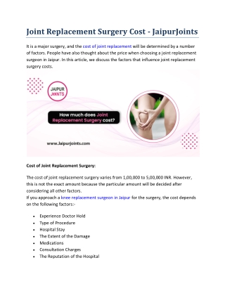 Joint Replacement Surgery Cost - Jaipurjoints