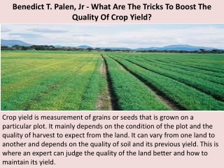 Benedict T. Palen, Jr - What Are The Tricks To Boost The Quality Of Crop Yield?