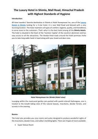 The Luxury Hotel in Shimla, Mall Road, Himachal Pradesh with Highest Standards of Hygiene