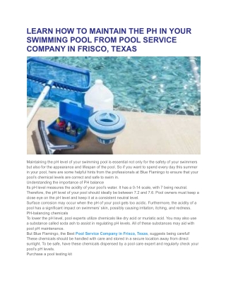 LEARN HOW TO MAINTAIN THE PH IN YOUR SWIMMING POOL FROM POOL SERVICE COMPANY IN FRISCO, TEXAS