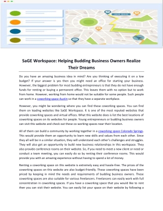 SaGE Workspace- Helping Budding Business Owners Realize Their Dreams