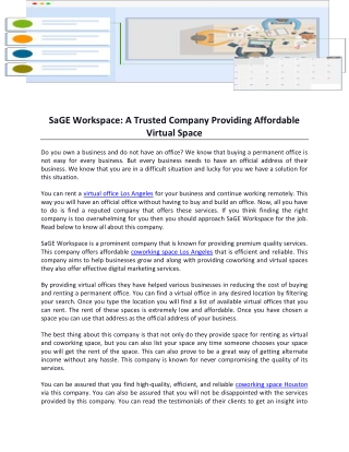 SaGE Workspace-A Trusted Company Providing Affordable Virtual Space