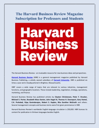 Harvard Business Review Magazine Subscription for Professors and Students