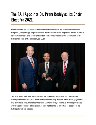 The FAH Appoints Dr. Prem Reddy as its Chair Elect for 2021