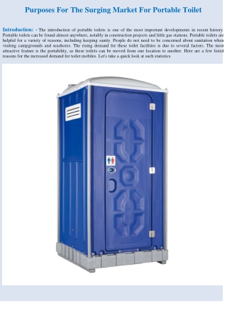 Purposes For The Surging Market For Portable Toilet