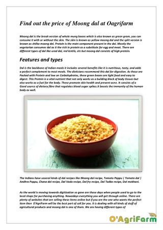 Find out the price of Moong dal at O'AgriFarm