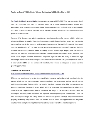 Plastics for Electric Vehicle Market Witness the Growth of USD 2,621 million by
