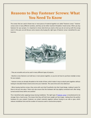 Reasons to Buy Fastener Screws: What You Need To Know