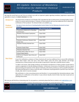 BIS Update:Extension of Mandatory Certification for Additional Chemical Products