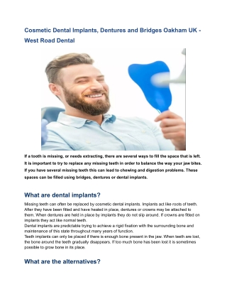 Cosmetic Dental Implants, Dentures and Bridges Oakham UK - West Road Dental