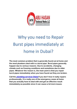 Why you need to Repair Burst pipes immediately at home in Dubai