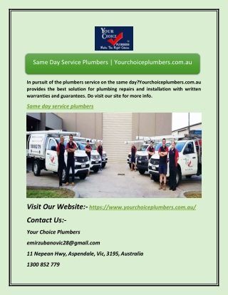 Same Day Service Plumbers | Yourchoiceplumbers.com.au