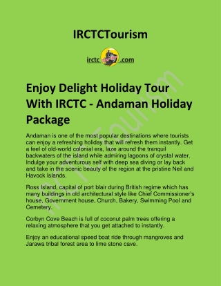 Enjoy Delight Holiday Tour With IRCTC - Andaman Holiday Package