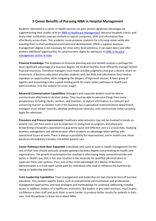 Career Benefits of Pursuing MBA in Hospital Management