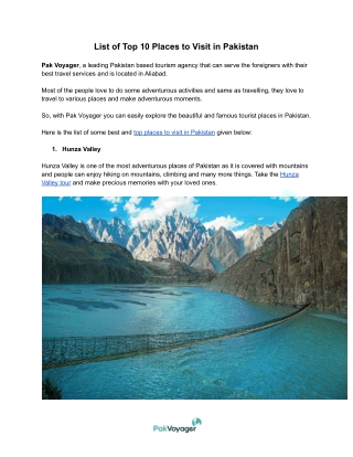 List of Top 10 Places to Visit in Pakistan