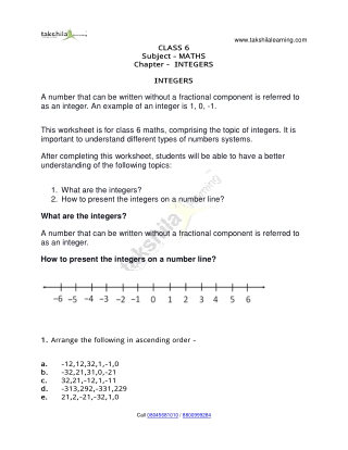 Integers Worksheet - NCERT Solutions Class 6 Maths