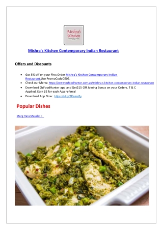 15% Off - Mishra's Kitchen Contemporary Indian Restaurant, VIC