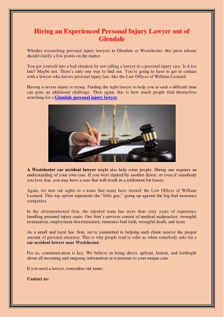 Hiring an Experienced Personal Injury Lawyer out of Glendale