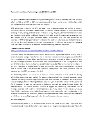 Automotive Seat Market Witness to grow to $60.0 billion by 2025