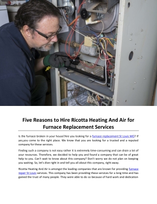 Five Reasons to Hire Ricotta Heating And Air for Furnace Replacement Services