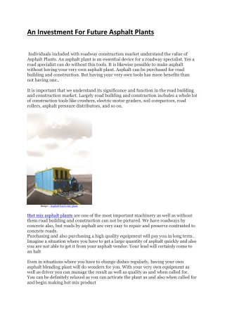 An Investment For Future Asphalt Plants