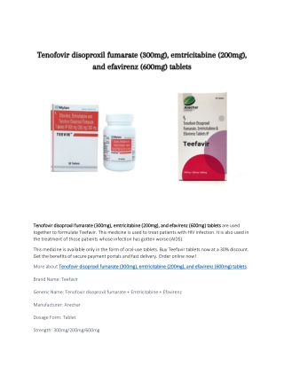 Tenofovir disoproxil fumarate (300mg), emtricitabine (200mg), and efavirenz (600mg) tablets