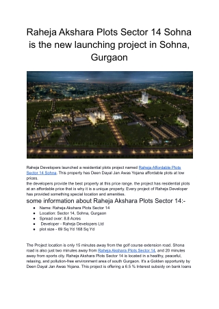 Raheja Akshara Plots Sector 14 is the new launching project in Sohna, Gurgaon