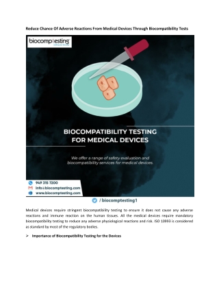 Reduce Chance Of Adverse Reactions From Medical Devices Through Biocompatibility