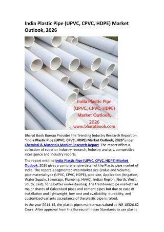 India Plastic Pipe (UPVC, CPVC, HDPE) Market Outlook, 2026