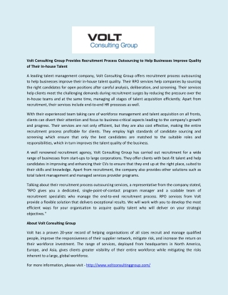 Volt Consulting Group Provides Recruitment Process Outsourcing to Help Businesses Improve Quality of Their In-house Tale