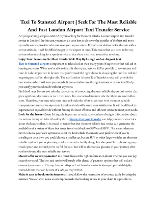 Taxi To Stansted Airport _ Seek For The Most Reliable And Fast London Airport Taxi Transfer Service