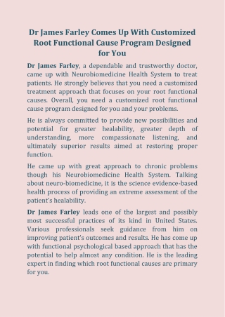 Dr James Farley Comes Up With Customized Root Functional Cause Program Designed for You