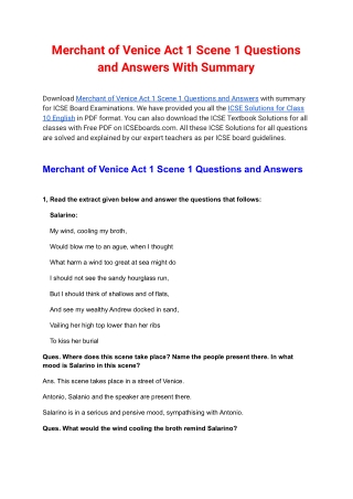 Merchant of Venice Act 1 Scene 1 Questions and Answers
